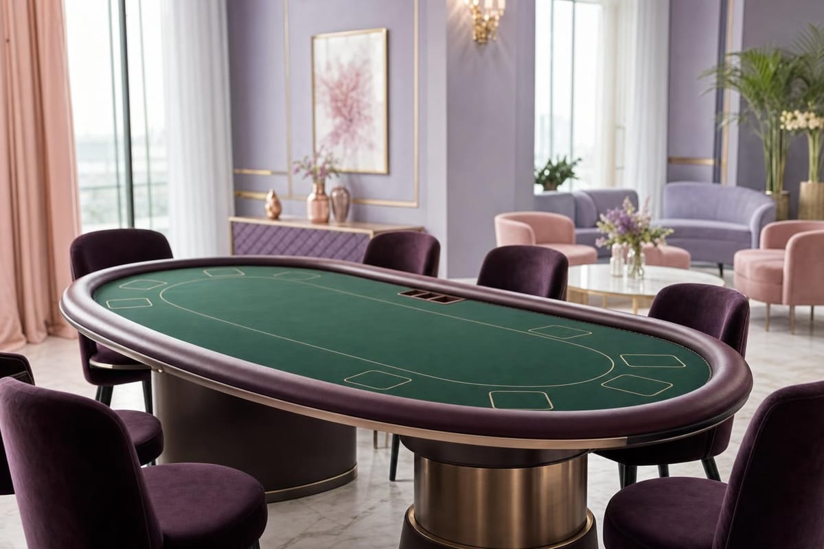 Eleganter leerer ovaler Kartentisch mit dunkelgrünem Filz und gepolsterten Stühlen in einem Salon (mit AI erstelltes Bild)