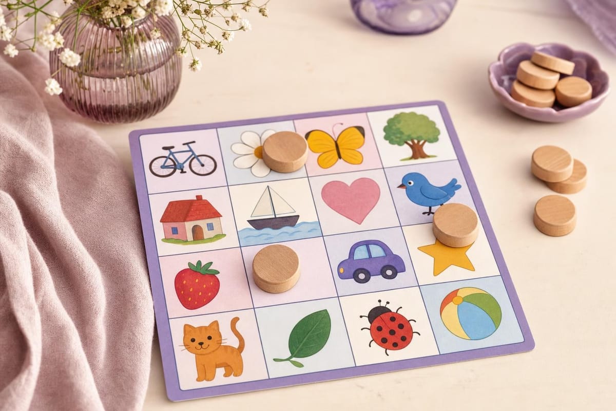 Bilderbingo-Schein mit bunten Zeichnungen in einem Raster, einige Felder mit runden Holzplättchen abgedeckt (mit AI erstelltes Bild)
