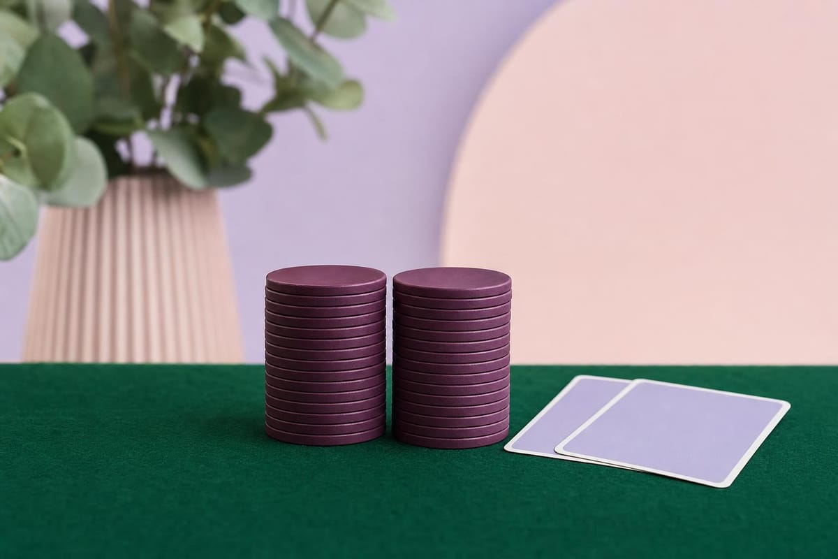 Zwei gleich hohe Chipstapel nebeneinander auf grünem Filz neben zwei verdeckten Karten (mit AI erstelltes Bild)