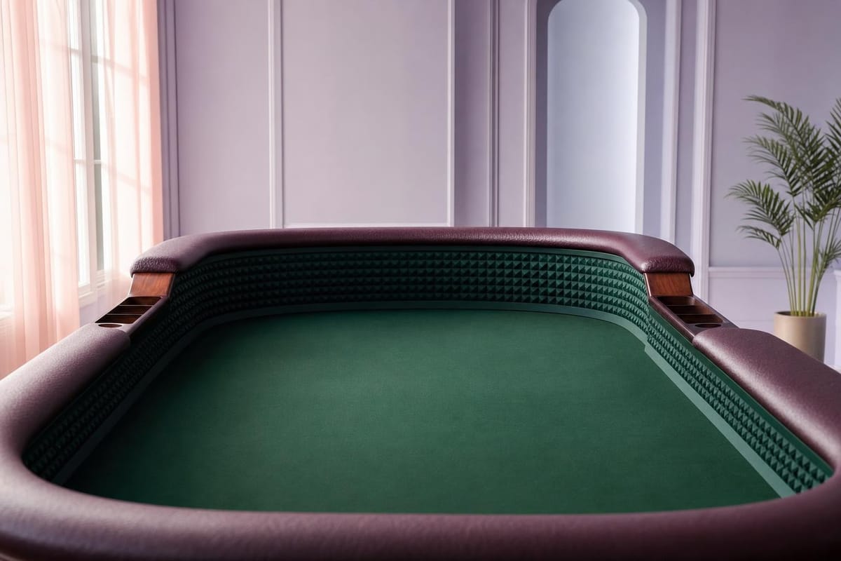 Leerer Craps-Tisch mit tiefer Wanne, gepolsterter Bande und grünem Filz ohne Aufdruck, von einer Stirnseite (mit AI erstelltes Bild)