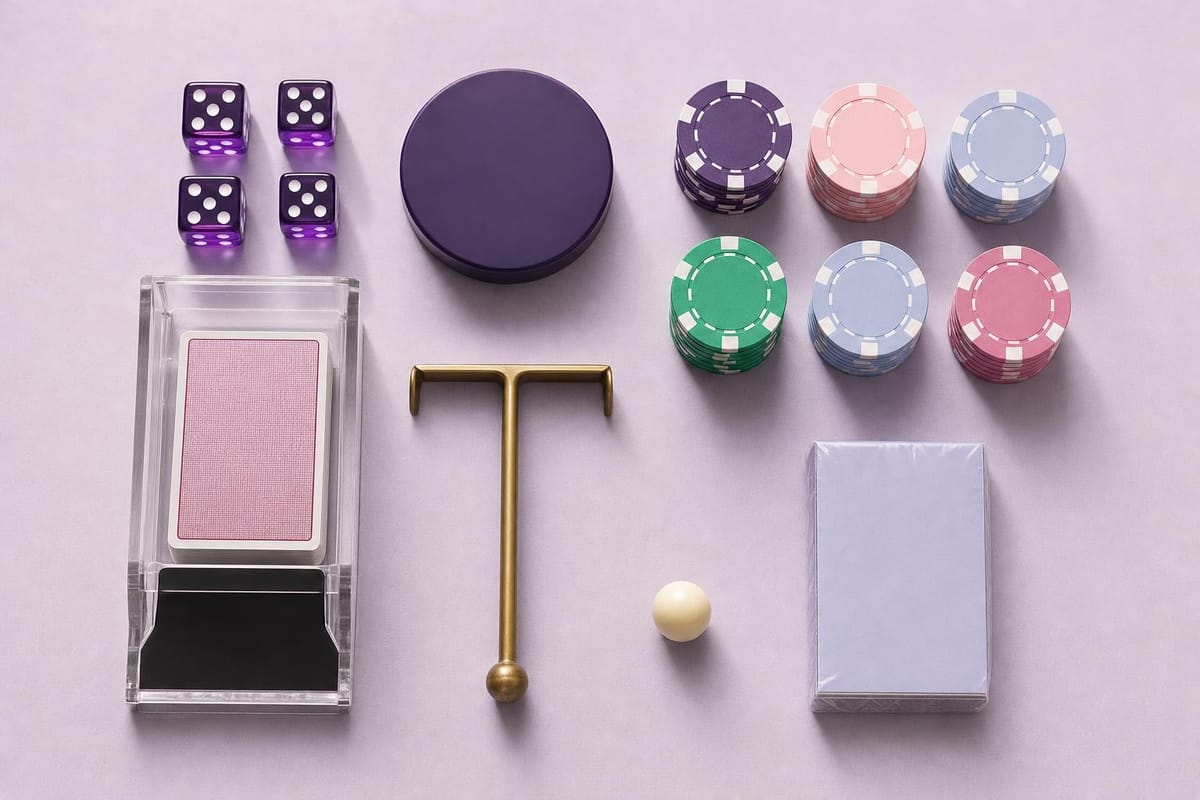 Casino-Requisiten im Raster auf lavendelfarbenem Grund: Würfel, Dealer-Button, Chips, Kartenschlitten, Rechen, Kugel und Kartenspiel (mit AI erstelltes Bild)