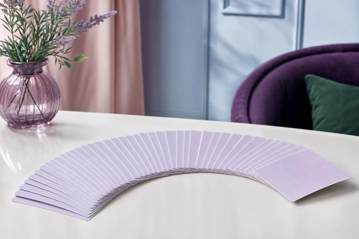 Ein weiter Fächer verdeckter Spielkarten mit lavendelfarbener Rückseite auf einem weißen Tisch (mit AI erstelltes Bild)