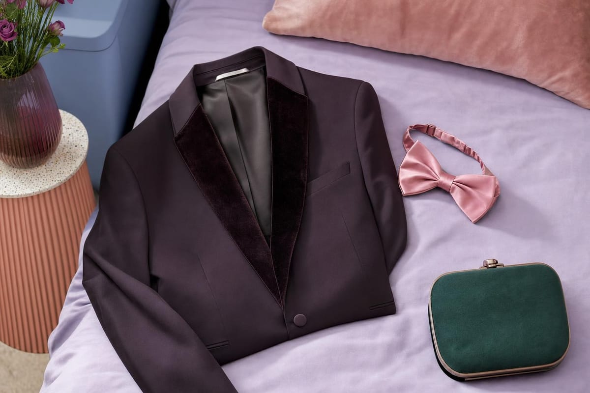 Abendgarderobe auf einem Bett ausgelegt: dunkles Sakko, seidene Fliege und eine kleine Clutch (mit AI erstelltes Bild)