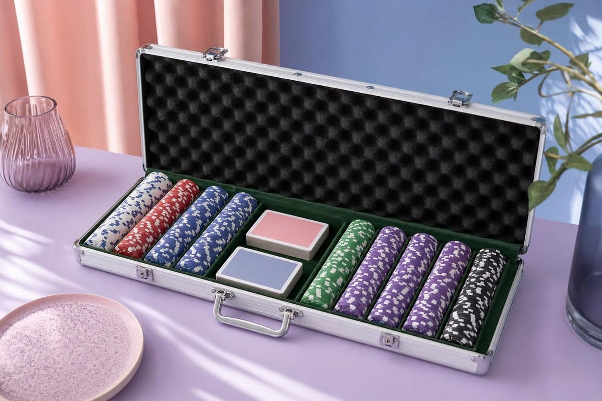 Geöffneter Alu-Koffer mit Pokerchips, nach Farben sortiert, und zwei versiegelten Kartenspielen (mit AI erstelltes Bild)