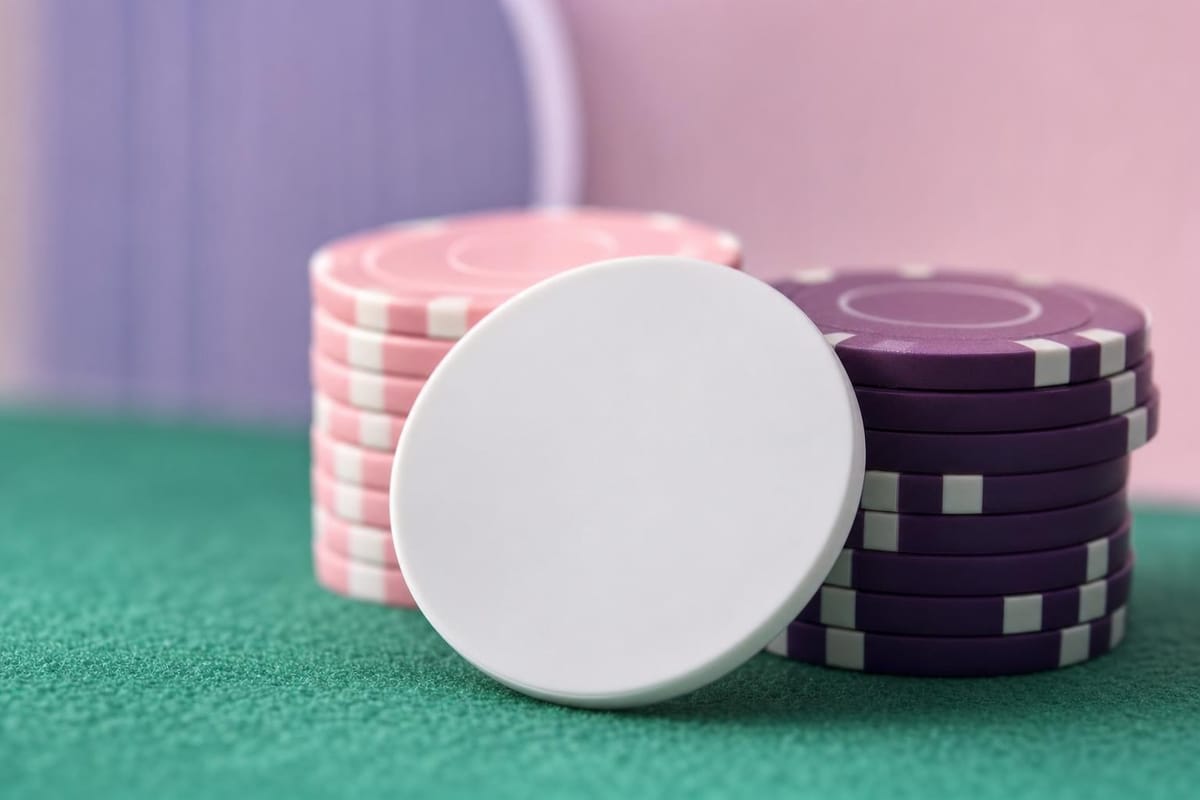 Weißer runder Dealer-Button ohne Aufschrift auf grünem Filz neben zwei kleinen Chipstapeln (mit AI erstelltes Bild)