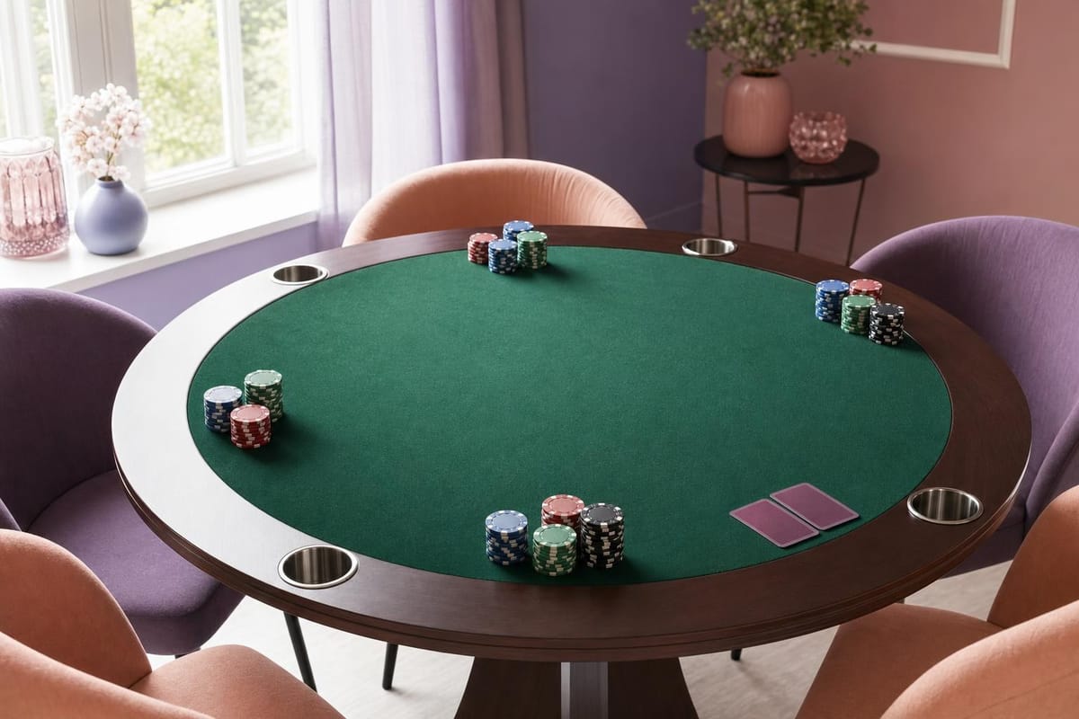 Runder Pokertisch mit grünem Filz von schräg oben, Chipstapel vor leeren Plätzen und zwei verdeckte Karten an einem Platz (mit AI erstelltes Bild)