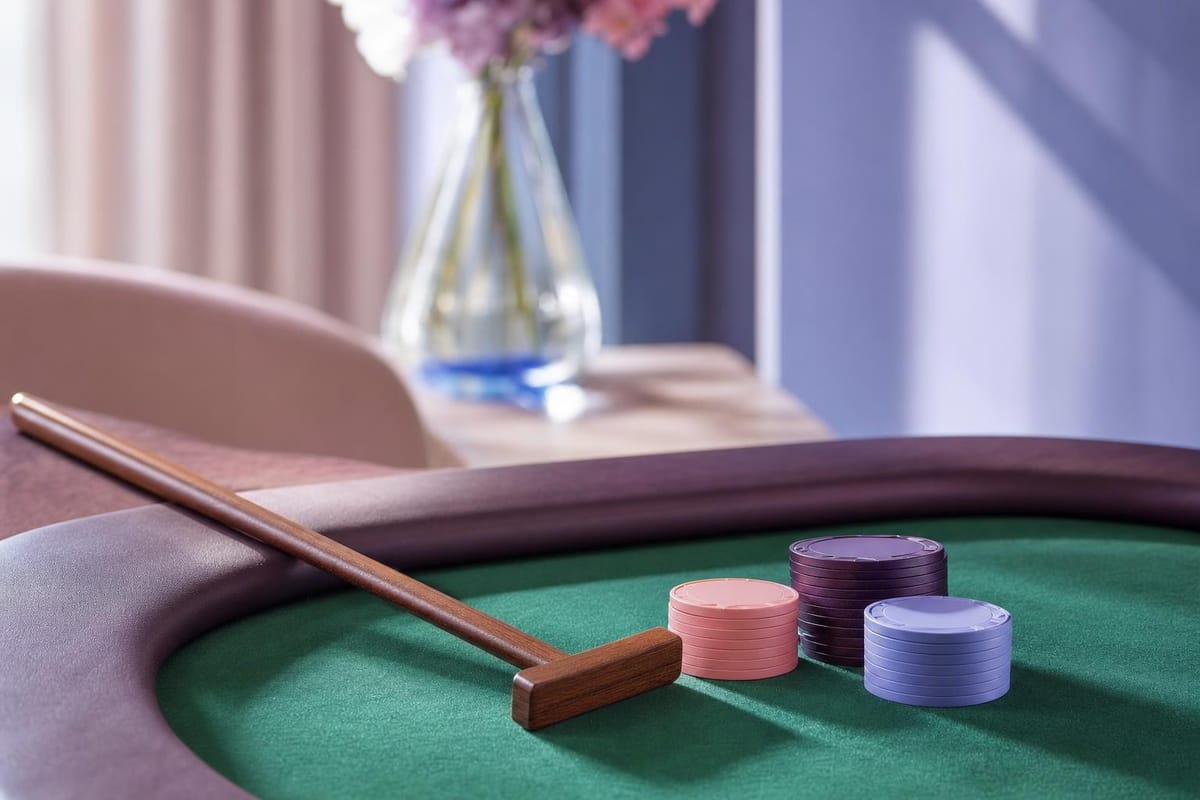 Hölzerner Croupier-Rechen am Rand eines grünen Filztischs neben einem kleinen Chipstapel (mit AI erstelltes Bild)