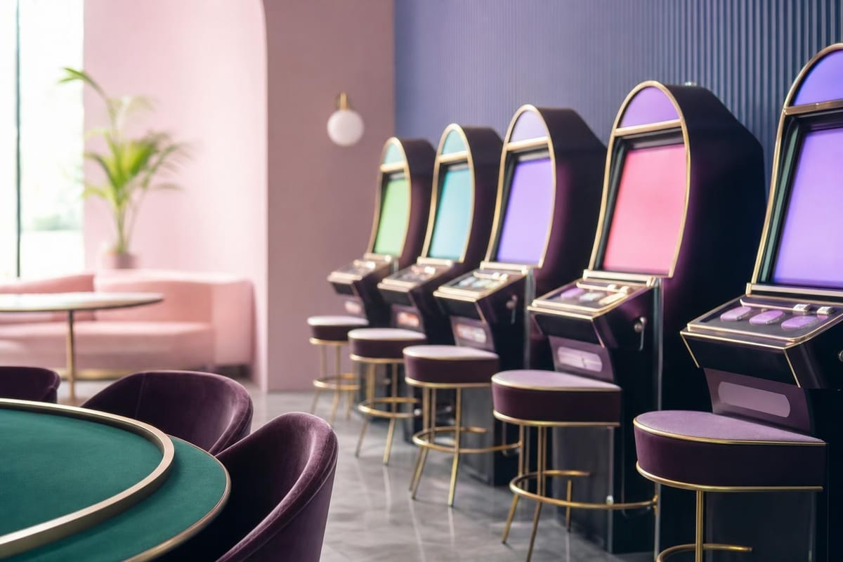 Eine Reihe Retro-Spielautomaten in einer leeren Pastell-Lounge, die Bildschirme leuchten nur in Farbflächen (mit AI erstelltes Bild)