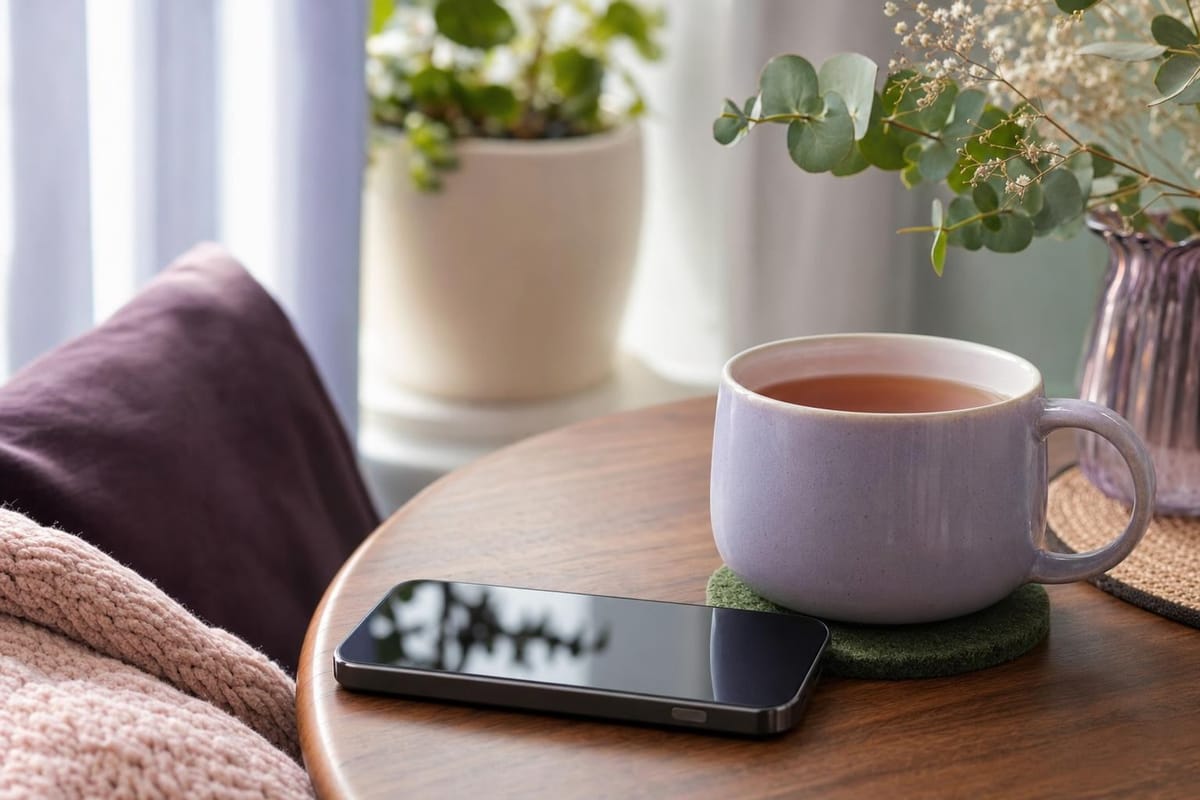 Smartphone mit dunklem Bildschirm auf einem Holztisch neben einer Tasse Tee im Morgenlicht (mit AI erstelltes Bild)