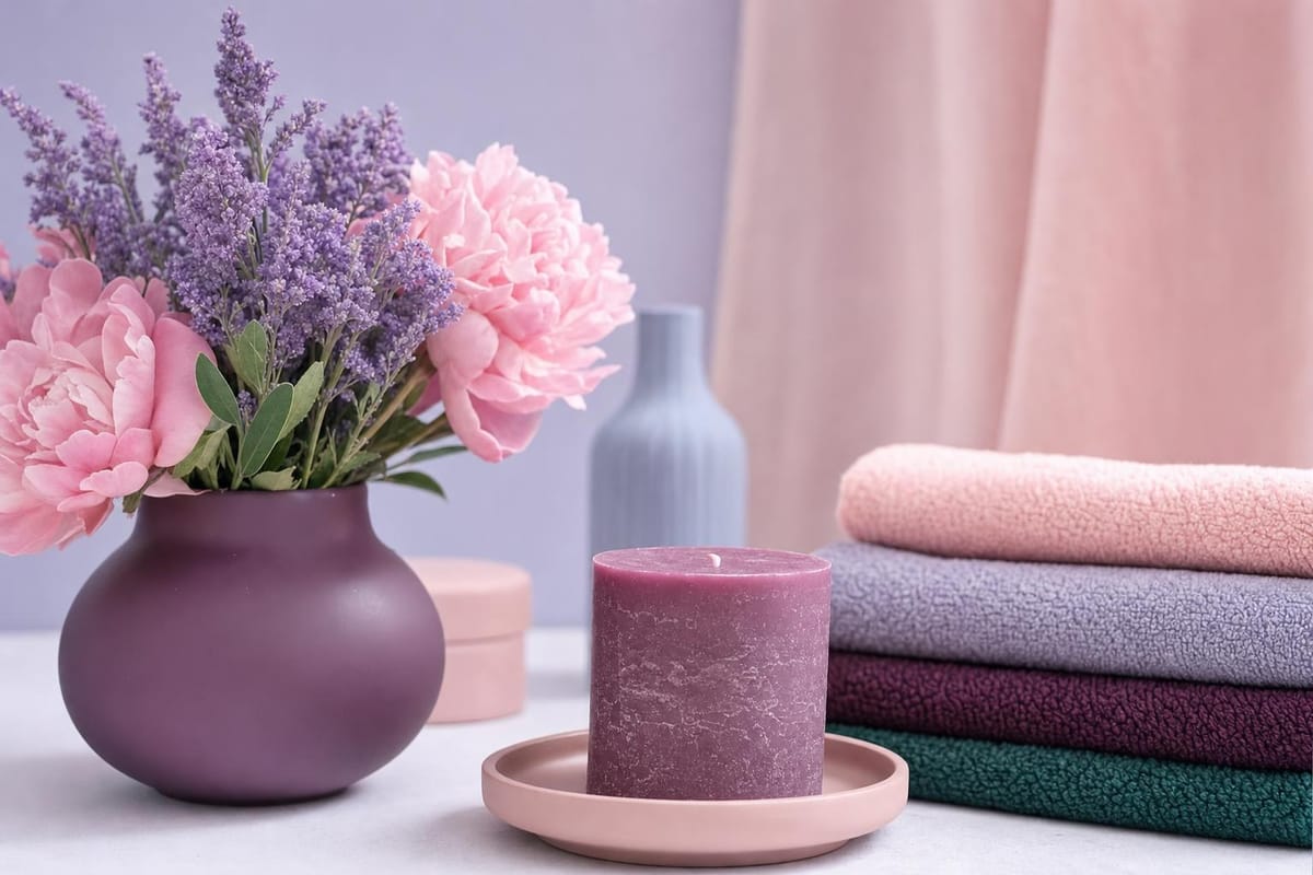 Ruhiges Stillleben: Lavendel und Pfingstrosen in einer Vase, eine Kerze und gefaltete Tücher in Pastellfarben (mit AI erstelltes Bild)