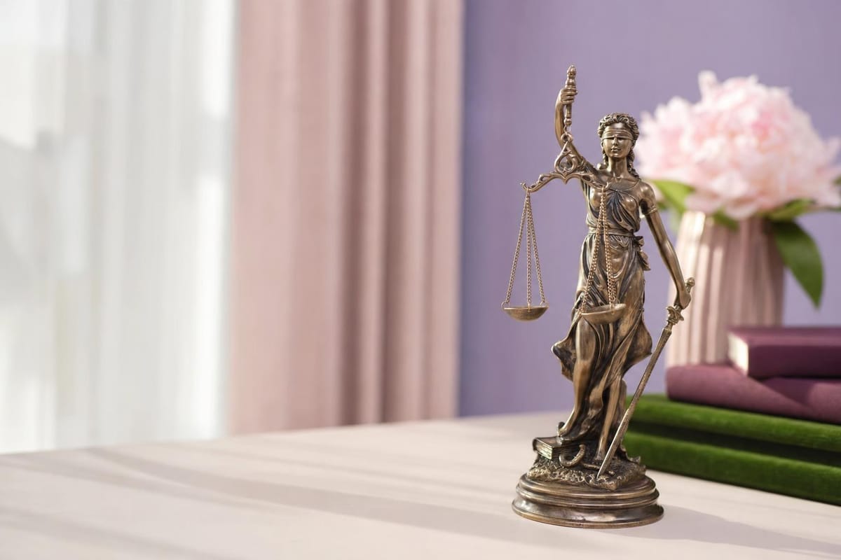 Kleine Bronzefigur der Justitia mit Waage auf einem hellen Schreibtisch (mit AI erstelltes Bild)