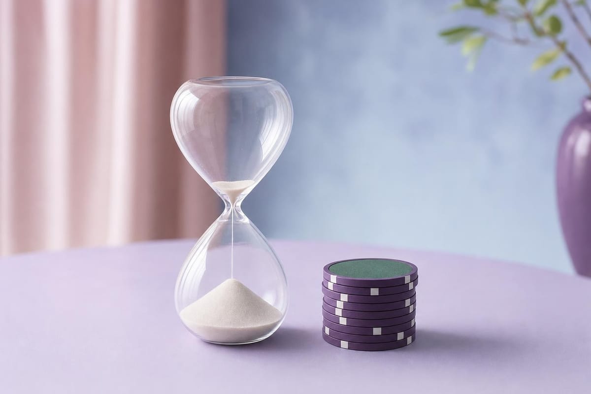 Sanduhr mit fast leerem oberem Glas neben einem kleinen Chipstapel auf einem lavendelfarbenen Tisch (mit AI erstelltes Bild)
