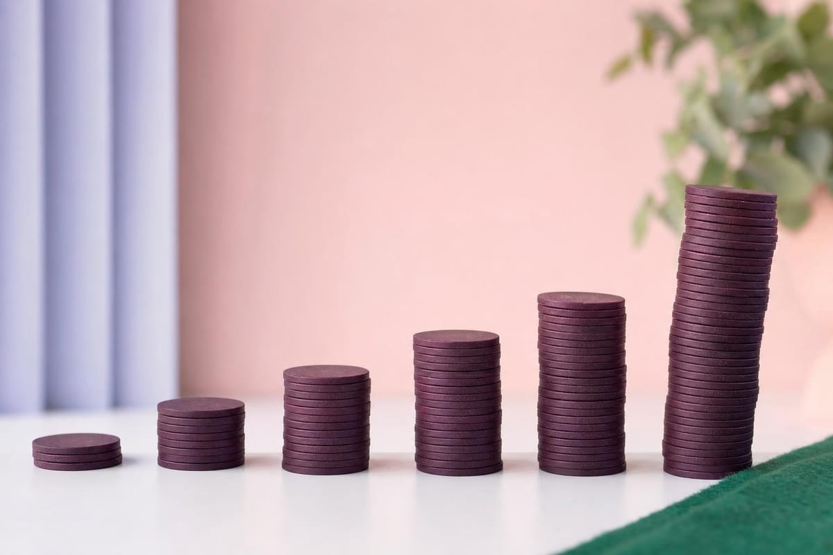 Sechs Chipstapel in einer Reihe, jeder deutlich höher als der vorige, der letzte hoch und leicht schief (mit AI erstelltes Bild)