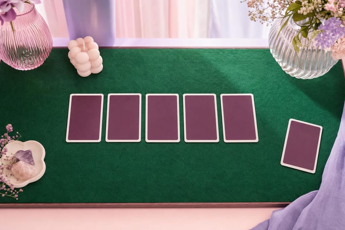 Fünf verdeckte Spielkarten in einer Reihe in der Mitte eines grünen Tischs, eine Karte liegt abseits (mit AI erstelltes Bild)