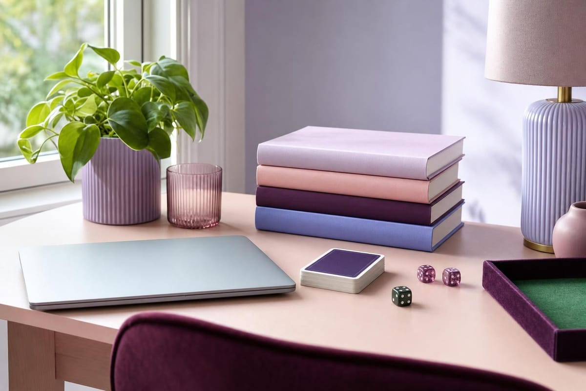Aufgeräumter Schreibtisch am Fenster mit zugeklapptem Laptop, Büchern, einem Kartenspiel, Würfeln und einer Pflanze (mit AI erstelltes Bild)
