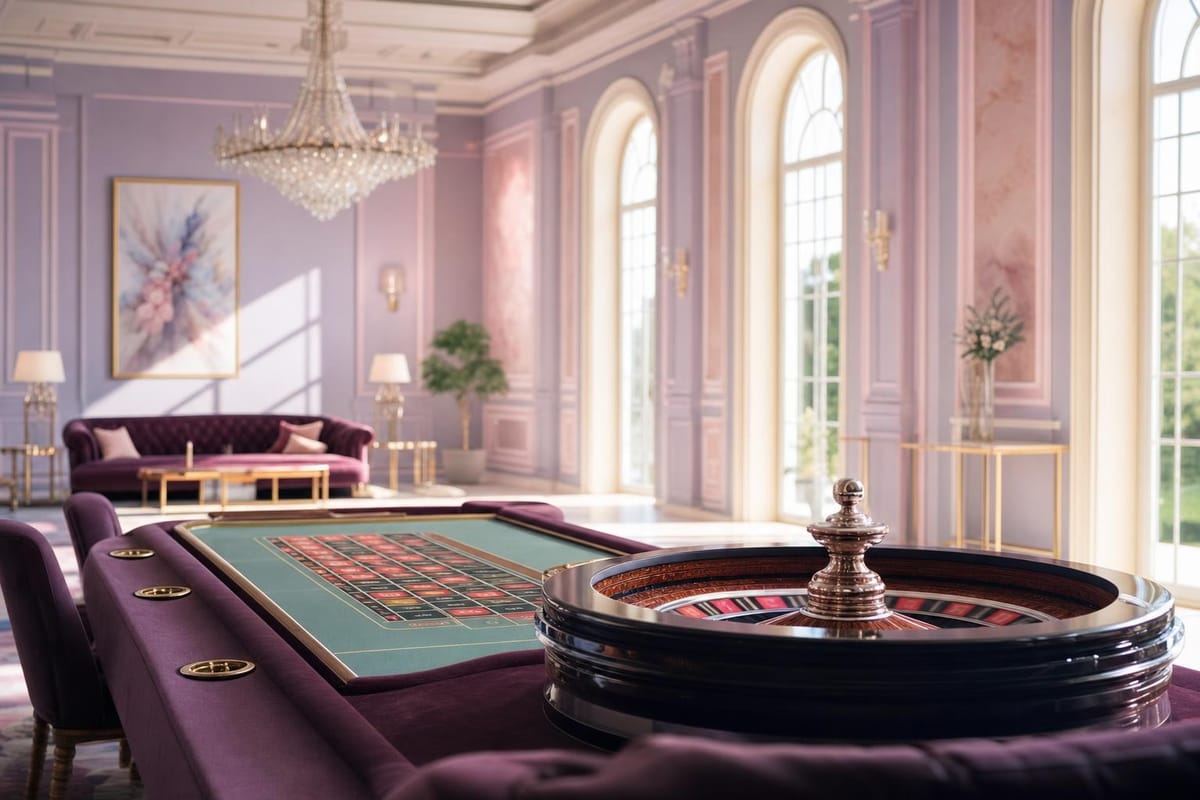 Eleganter leerer Spielsaal mit langem Roulettetisch unter einem Kristalllüster, Morgenlicht durch hohe Fenster (mit AI erstelltes Bild)