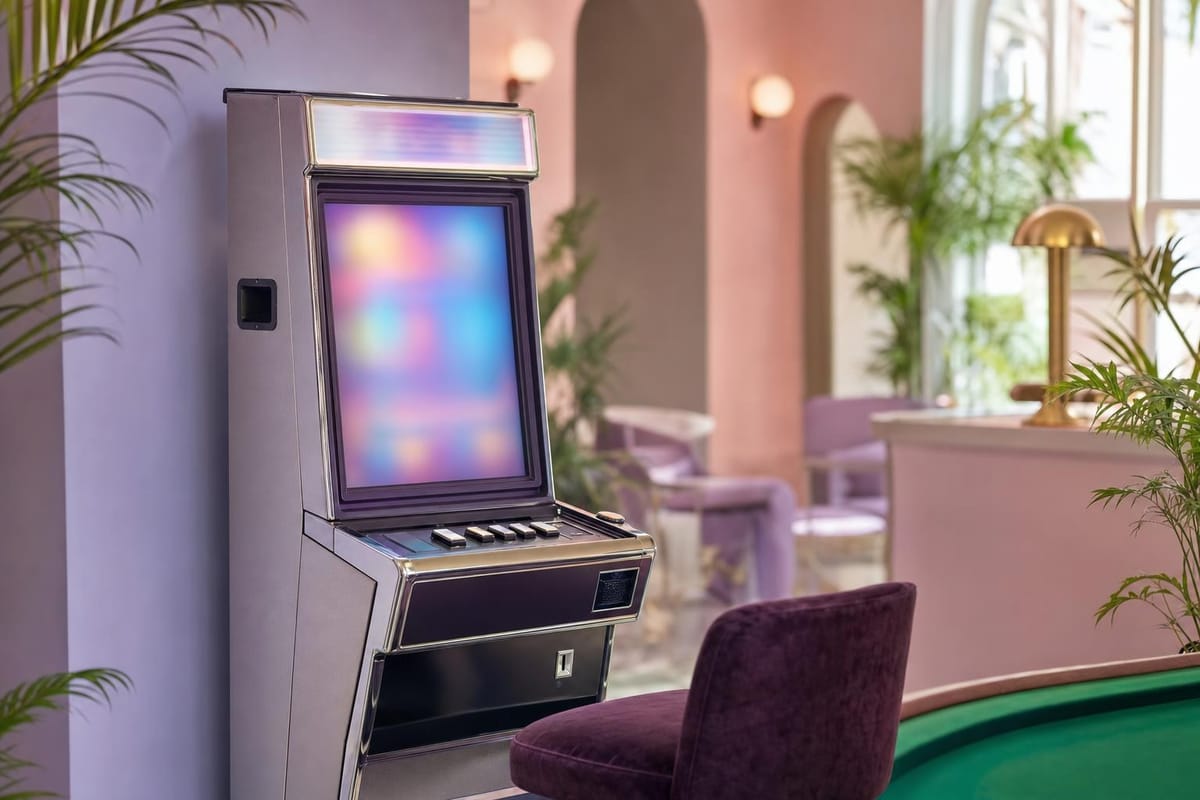Retro-Video-Poker-Automat in einer pastellfarbenen Lounge, der Bildschirm leuchtet in weichen Farbflächen (mit AI erstelltes Bild)